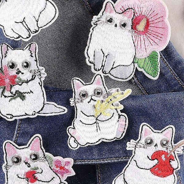 12 Stycken Djur Broderade Stryk på Märken, Katt Stryk på Märken Set, Sy På/Stryk på Applikation för Kläder, Klänning, Hatt, Jeans, DIY Tillbehör