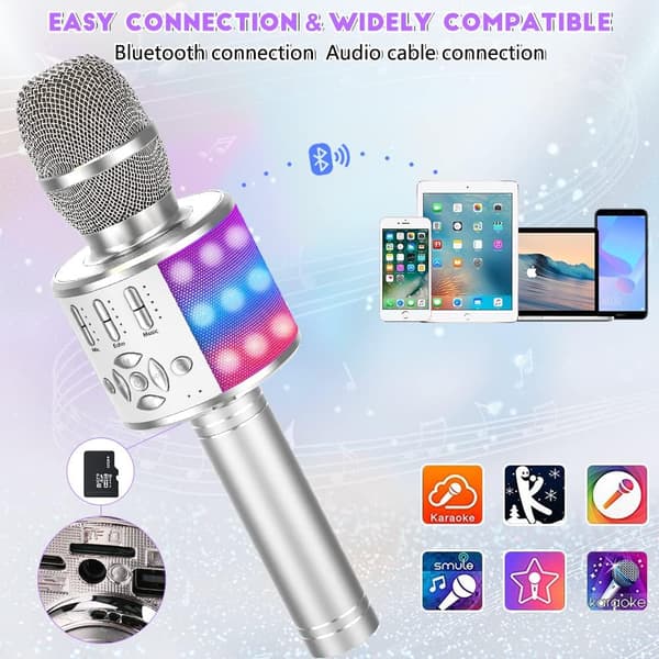 Trådløs Bluetooth Karaoke Mikrofon for Android/iOS, med Opptaksfunksjon, Dansende LED-lys - Bærbar, Sølv