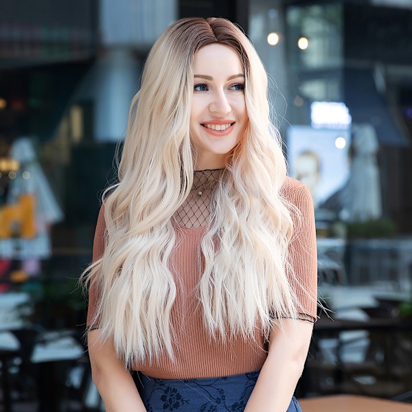 Medium peruk mittbena lång lockig dam peruker 24 tum peruker för kvinnor naturlig look syntetisk peruk