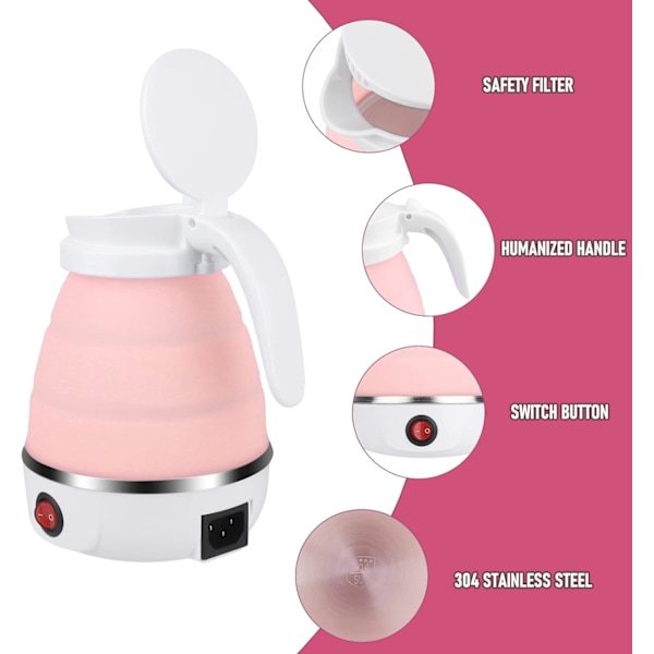 Pink sammenklappelig kedel 0,6L silikone rejsekedel Foldbar elektrisk kedel, Mini bærbar kedel med rustfrit stålbund til camping, rejser, V