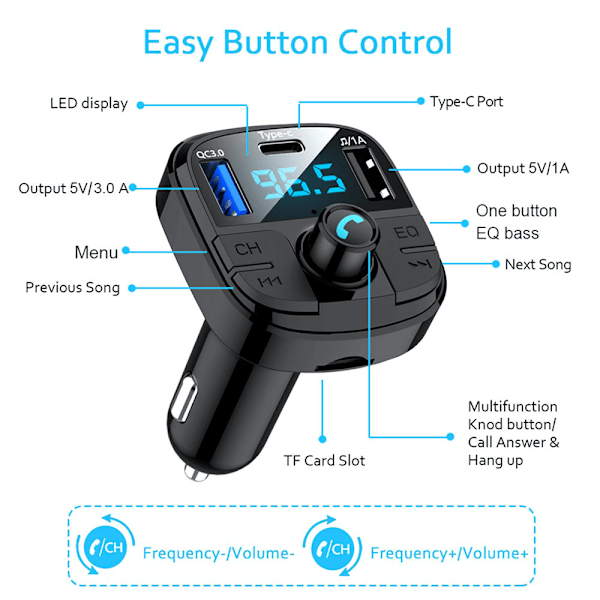 Bluetooth 5.0 FM-sändare, handsfree-bilsats med QC3.0 USB-port, billadapter MP3-spelare stödjer U-kort TF-disk med färgglatt ljus