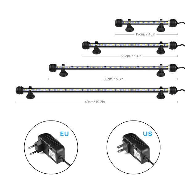 Akvarielys Under Vand, Neddykkelig LED-Bar Fiskelampe i Blå Hvid Farve Vandafvisende med Styring og Timer til Fiskekum, 19 cm, 3.6W