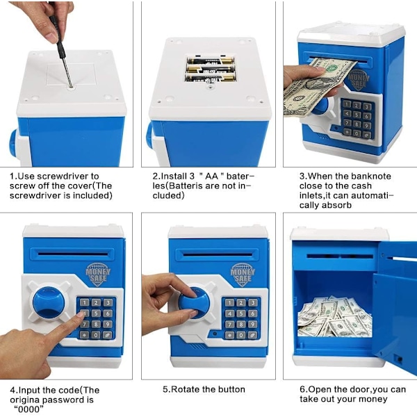 Elektronisk Sparegris med Automatisk Penge Rulning (Blå), Mini ATM Safe-14x12.5x19 CM, Pengeopsparing Legetøj til Børn, Fødselsdag Julegave til Drenge