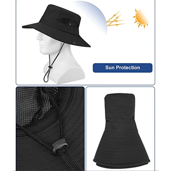 Vandreturshat med snor mod UV-stråler (sort)
