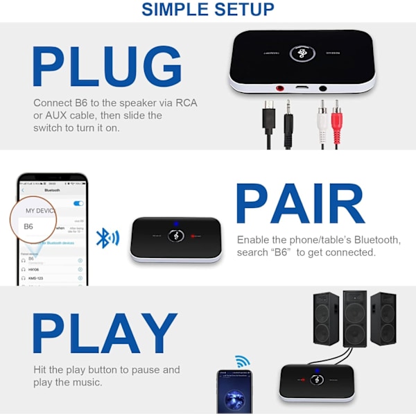 Bluetooth-adaptermottaker, Bluetooth-sendermottaker 5.0 Bluetooth-lyd sendermottaker med 3,5 mm lydutgang RCA lyd Bluetooth-adapter