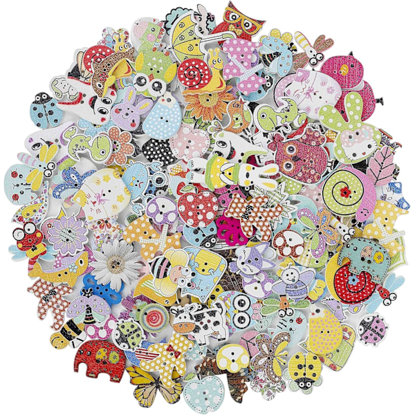 Treknapper i assorterte farger med dyremotiv for syprosjekter, scrapbooking og DIY-håndverk, 150 stykker