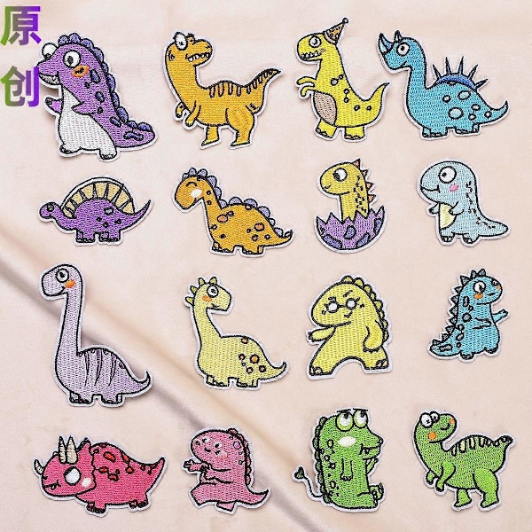 Et sæt med 16 tegneserie dinosaur broderede stofmærker, dyremærker til tøj, Tyrannosaurus rex broderede mærker