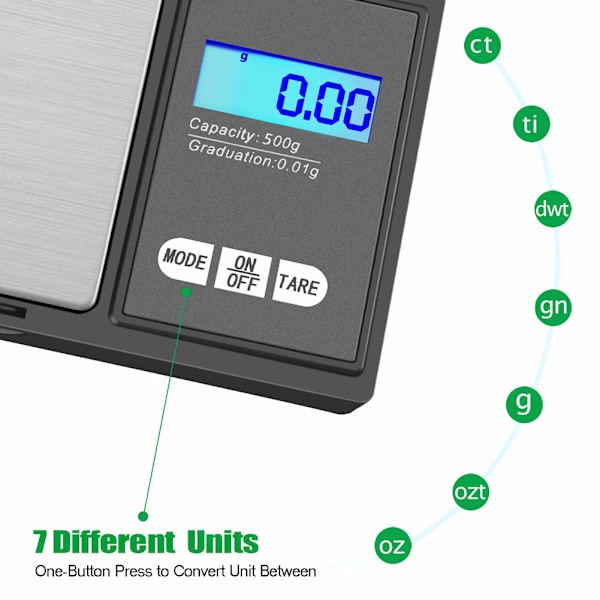 Presisjonsskala, Kjøkkenvekt, Smartvekt med 7 enheter. Lommevekt med LCD-skjerm, Liten pulvervekt, Smykker, Gull, Edelstener, etc. - 500g