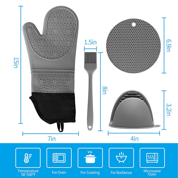 Sett med 6 grå Rorecay ekstra lange ovnvotter og minihansker: Varmebestandige silikonovnvotter med minihansker for matlaging, quiltet fôr