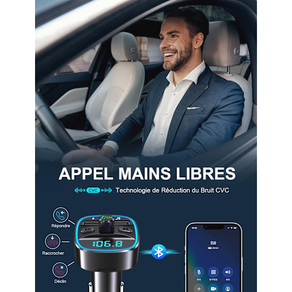 Bluetooth Bil, FM-transmitter Bluetooth 5.0 Radioadapter Trådløs MP3 Musikspiller, Håndfri Opkald, Dobbelt USB-porte 5V/2.4A & 1A, Billader Sup