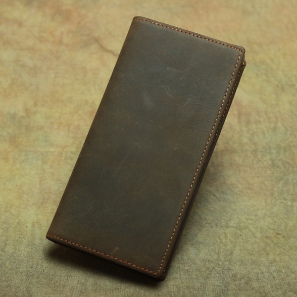 Rød Brun-Crazy Horse Lær Menn Lang Lommebok To-Fold Ekte Rent Lær Topplag Lommebok Kule Lær Vintage Myntveske