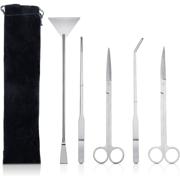 Akvarieværktøj 5 Dele i Rustfrit Stål, Sæt til Begyndere, Akvarievedligeholdelse med Planter (2 Saks, 2 Pincet, 1 Spade)