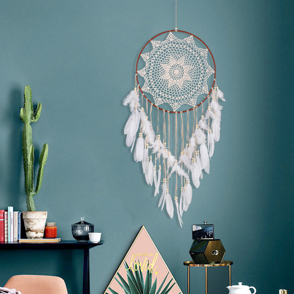 Stor Boho Drømmefanger Hvit Fjær Makrame Veggdekorasjon Vintage Bryllup Hjemdekorasjon 40cm Sirkel 110cm Lang