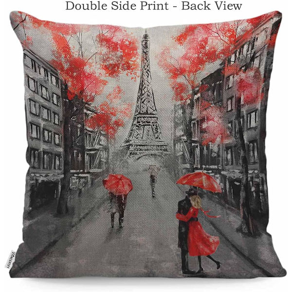 45 x 45 cm Romantisk Paris Kuddfodral för Älskare - Kyss i Frankrike - Design: Eiffeltornet - Alla hjärtans dag - för Män och Kvinnor - Grå och Röd