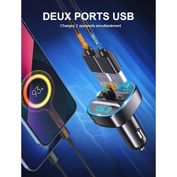 Bluetooth Bil, FM-transmitter Bluetooth 5.0 Radioadapter Trådløs MP3 Musikspiller, Håndfri Opkald, Dobbelt USB-porte 5V/2.4A & 1A, Billader Sup