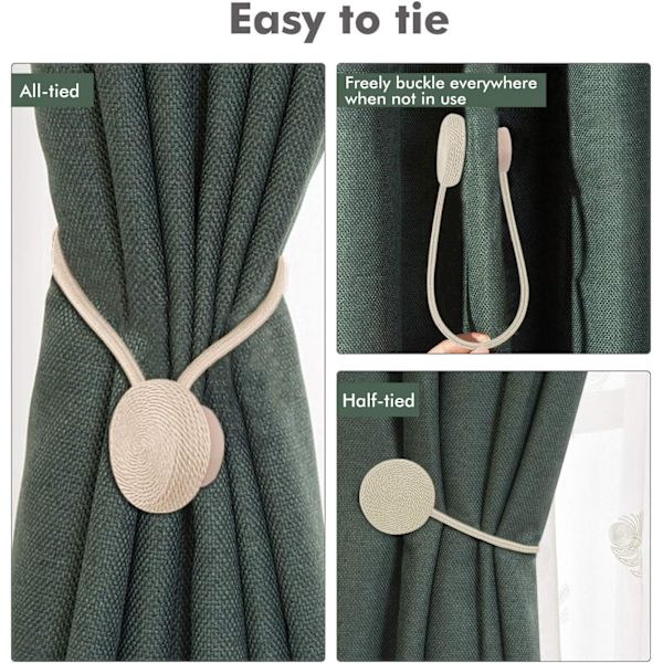 Beige sett med 2 magnetiske gardinholdere, håndvevd dekorativ gardinspenne med sterk og holdbar magnetisme, gardinholder for hjemmet og kontoret, Macar