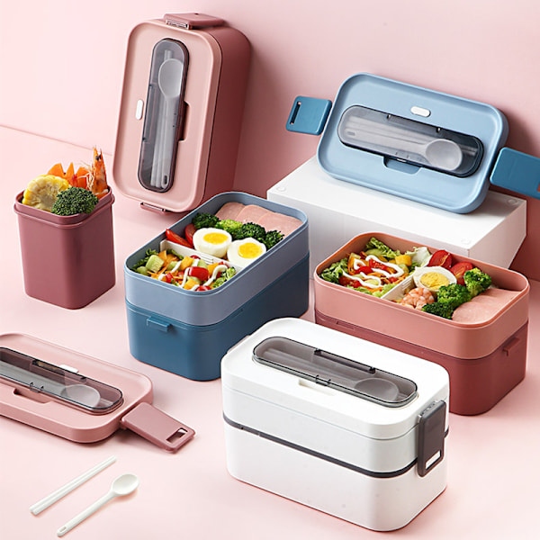 Bento Lunch Box Kit, 1600 ML Lunch Box med bestick - 19,5 cm längd × 11,5 cm bredd × 11,5 cm höjd, läckagesäker Bento Box för picknick, arbete, mellanmål, mikro