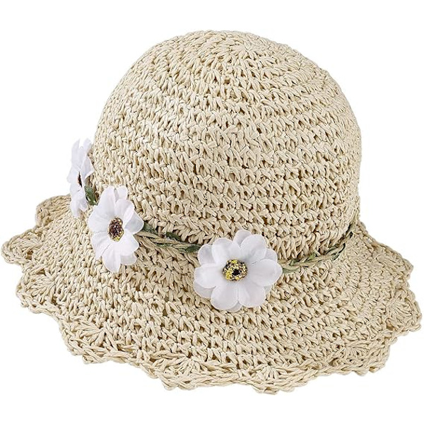 Flickor Halmhattar Fällbar Solhatt med Blomdekoration Sommarhatt för Barn Strand Resor Vandring