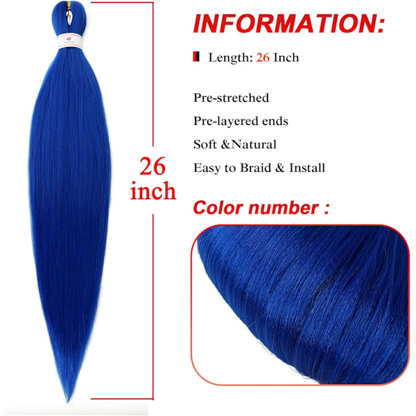 Blå forhåndsstrakte EZ Braid flettehår, 8 pakker - 26 tommer EZ Braid profesjonelt hår Yaki tekstur syntetiske hårforlengelser (8 pakker - 26 tommer)