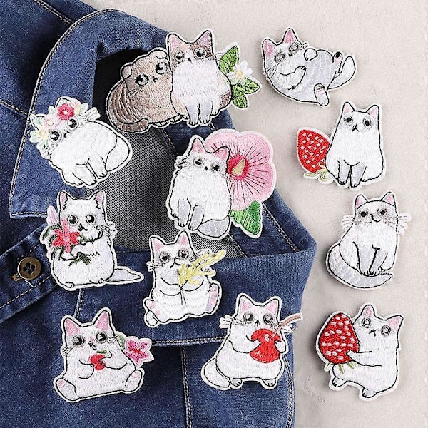 12 Stycken Djur Broderade Stryk på Märken, Katt Stryk på Märken Set, Sy På/Stryk på Applikation för Kläder, Klänning, Hatt, Jeans, DIY Tillbehör