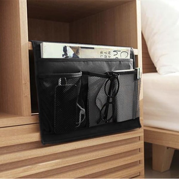 Sengside Organizer - Sort - 4 lommer - til seng eller sofa - Hængende opbevaringspose - Holder etui til bog, telefon, briller, fjernbetjening