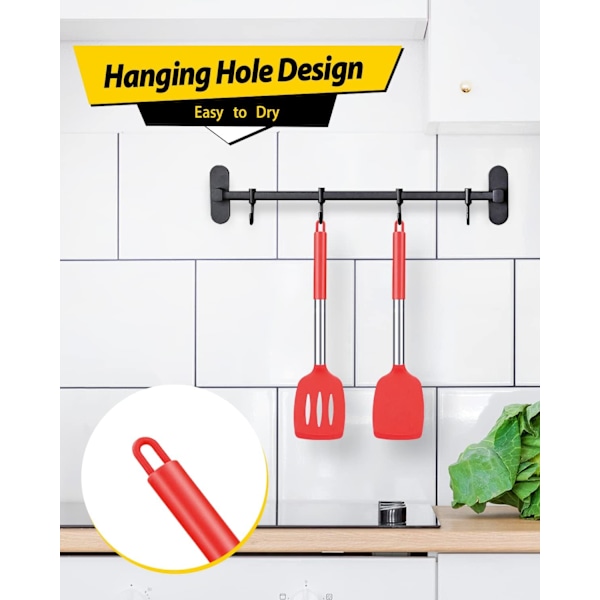 2-pack tunga silikonköksspatlar, non-stick, värmebeständiga, BPA-fria, idealiska för fisk, ägg, pannkakor (röd)