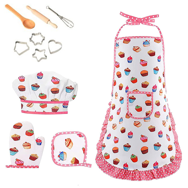 Kids Chef Set 11 Pieces Role Play with Costume Dress Up and Accessories,Children Play Game,Perfect Gift for Christmas and Birthday Party.(Pink.）