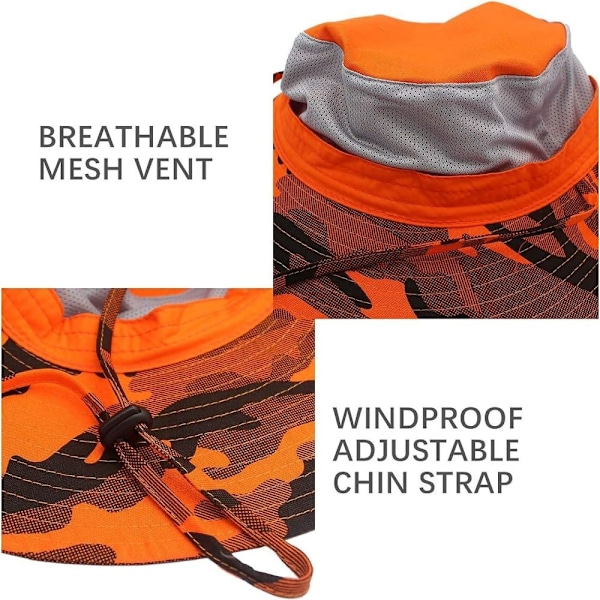 Andningsbar solhatt med bred brätte för män UV-skydd för kvinnor Camouflage Safarihatt med justerbar rem orange