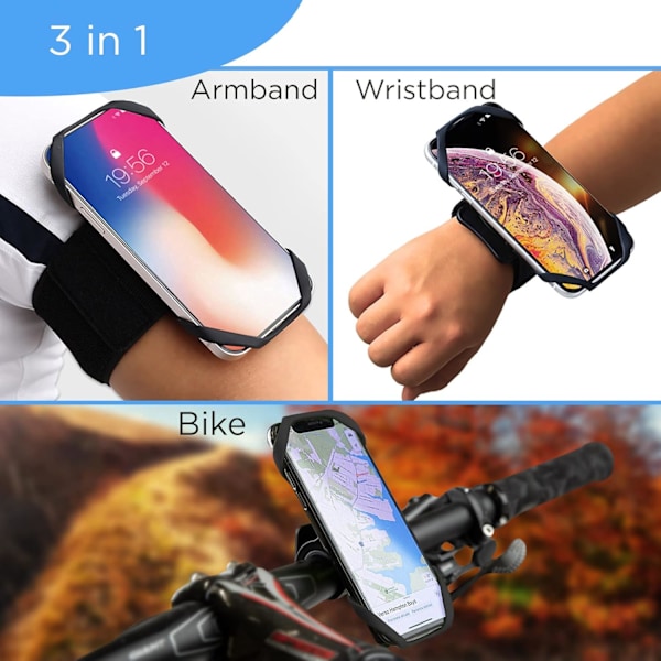 Armbånd - Sort, Arm og Cykelstyr 3 i 1 Universal Smartphone Holder op til 7'' tommer med 360° Rotation Træning Jogging Cykling iPhone X 11 12 Pr