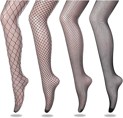 Fishnet Strømper, 4 Par Højtaljede Strømper med 4 Typer, Sexy Elastiske