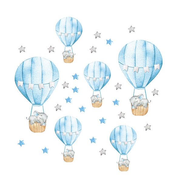 Blå vægklistermærker Dyr i varmluftballon vægklistermærke Abe Giraf Elefant vægdekoration børneværelse baby børnehave