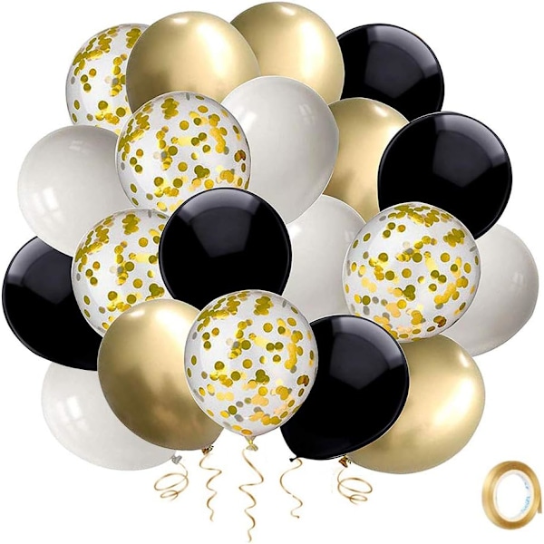 Black Gold Confetti Balloon,50pcs 12 Inch White Latex Party Balloons Set with Gold Ribbon for Birthday Baby Shower Decorations