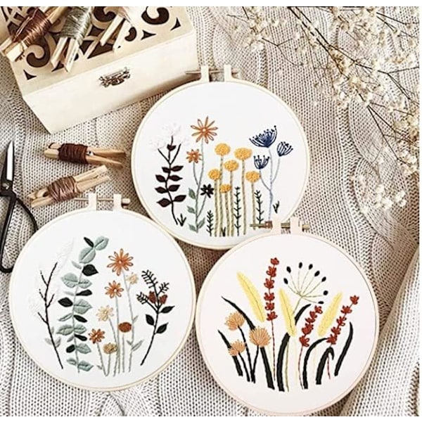 Broderikit för nybörjare, 3 st broderitrådssatser, broderiverktyg för vuxna nybörjare med broderiram, broderitrådar, tyg och