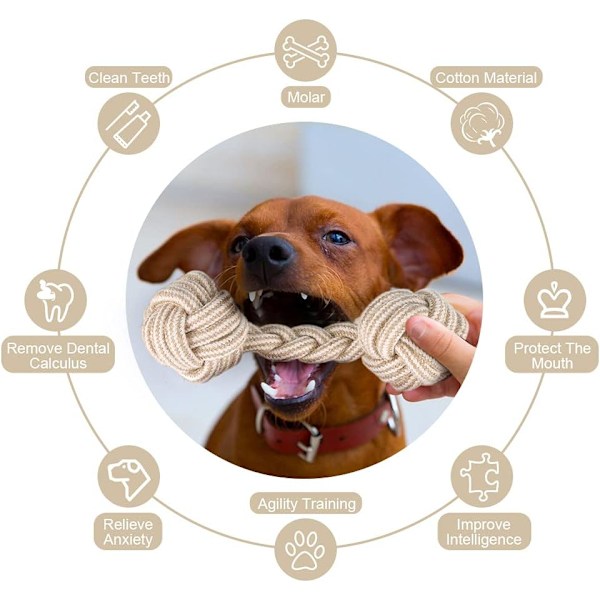 Tov og Bold Hundelegetøj, 4 Dele Uforgængeligt Hundelegetøjssæt til Hvalpe/Små/Mellemstore Hunde, Gavnligt for Hundens Tandhygiejne - Naturlig Bomuld, Hvid