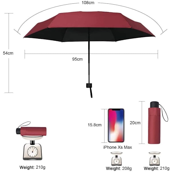 Vinfarvet Foldbar Paraply, Mini Solparaply, Lommeparaply & Rejseparaply, Ultralet Fashionabel Kompakt Bærbar Anti-UV, Ideel til Rygsæk/Taske