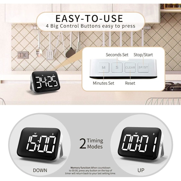 Digital Køkken Timer 4 Tommer Stor LED Skærm Magnetisk Timer med Justerbar Lysstyrke og Lyd Stopur Timer til Børn og Ældre - Batterier