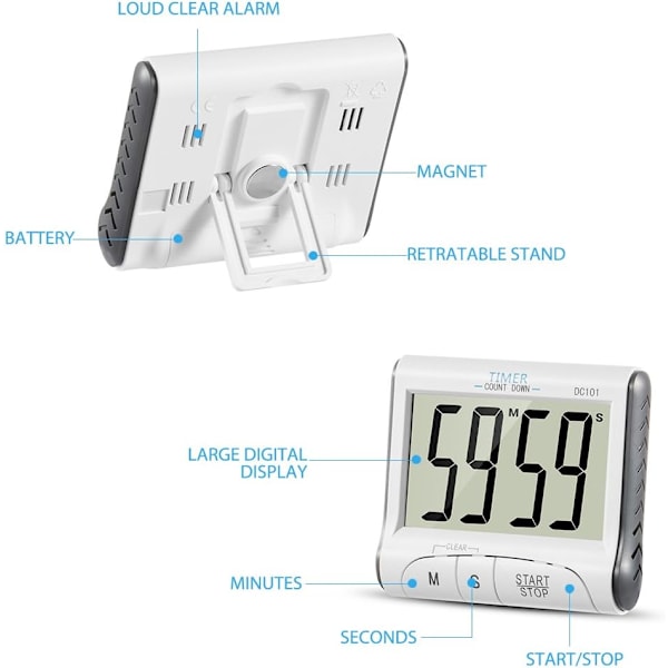 Kök Timer, Vit Elektronisk Magnetisk Kök Timer 24H Digital Timer med Ljudlarm LCD Display Nedräkningsmagnethållare