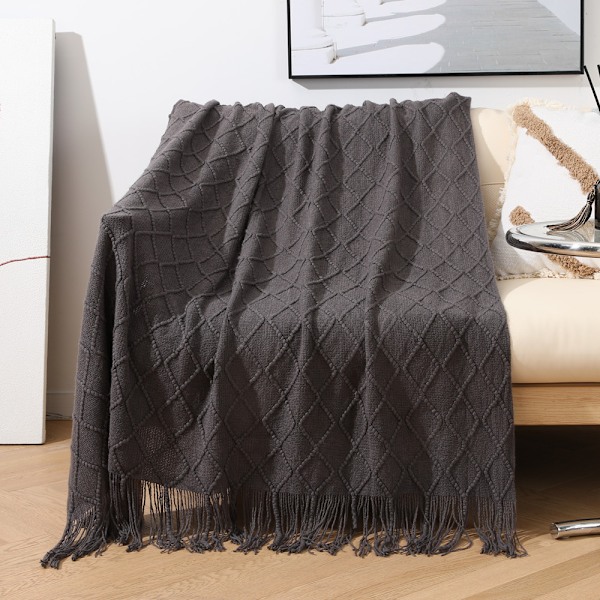 Strikketeppe, sengeteppe, lett og mykt dekorativt vevd pledd med frynser. Perfekt for reiser, søvn, seng, sofa, 127 x 180 cm, nyttig i alle sesonger