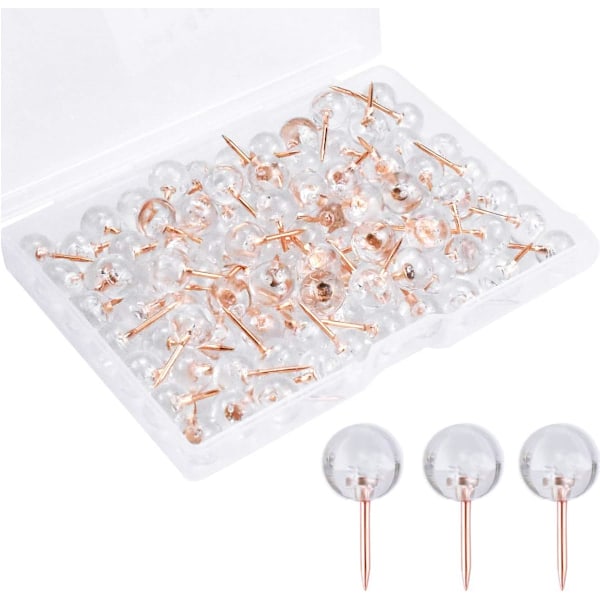 100 stk. Transparente Runde Push Pins Korktavle Pins Roséguld Dekorative Rejse Push Pins med Plastikboks, Sytilbehør Kontorartikler