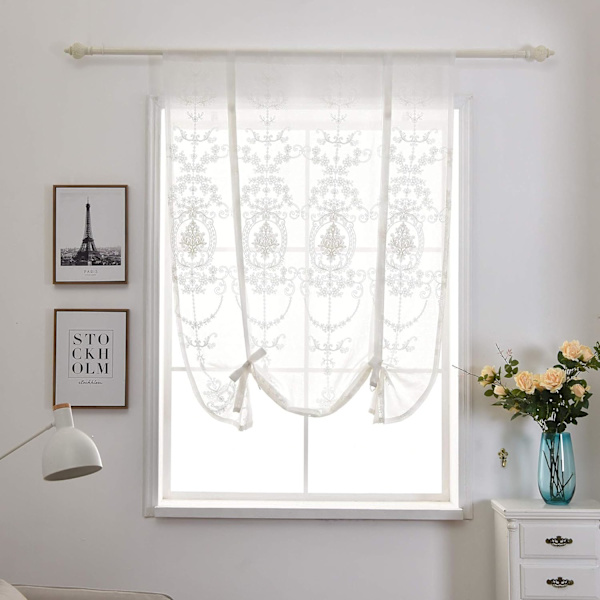 Hvid Voile Gardin 100x120cm, Halvtransparent Blomsterbroderi Biscuit i Polyester, 1 Stk Gardin Justerbar Længde, Dekorativ Kort Gardin