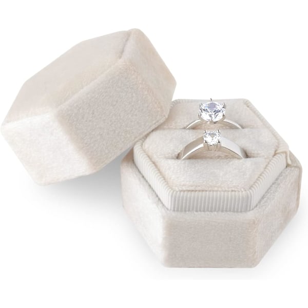 Sammetsringask, för smycken Dubbla fack Hexagon Ringask för förlovningsceremoni Bröllop Alla hjärtans dag Håller 2 ringar (Beige)