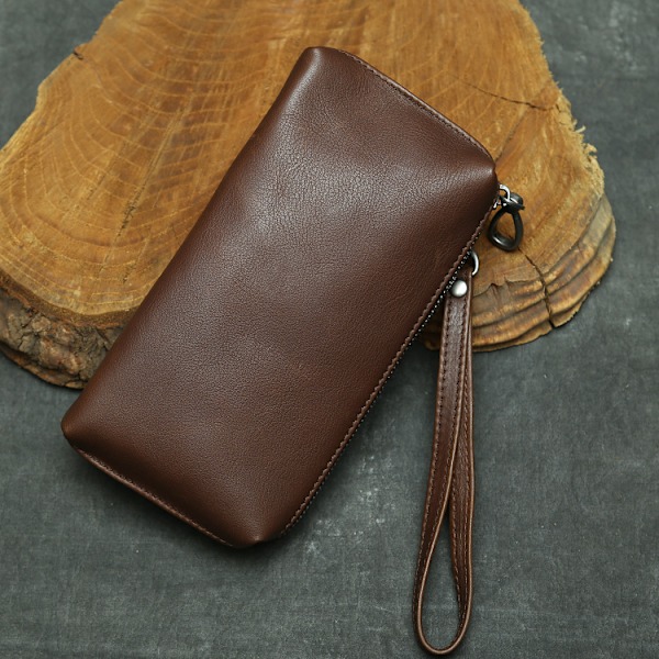 Coffee Color-New Men Genuine Leather Hand Holder Bag Ultra Soft Head Layer Cowhide Long Wallet Stylish Simple Cowhide Cell Phone Bag