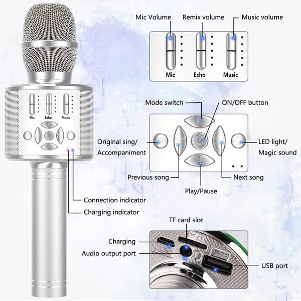 Trådlös Bluetooth Karaoke Mikrofon för Android/iOS, med inspelningsfunktion, dansande LED-lampor - Bärbar, Silver