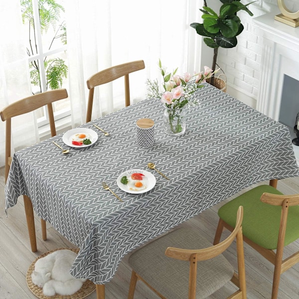 Rektangulär bomulls- och linneduk med pilmönster, dammtät, tvättbar bordsduk för köksmatbord 140 x 220 cm (grå)