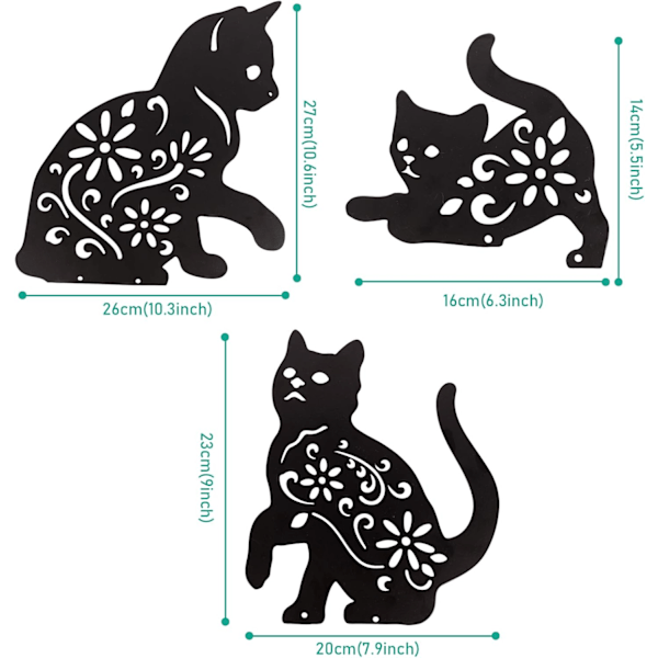 Hagedekorasjon med katt, 3 stk metallkatt silhuett med fast stativ, påske svart katt dekor for plen veranda hage utendørs hage dekorasjon