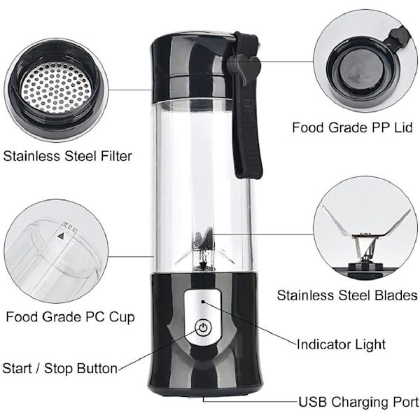 (Sort) Blender, Bærbar Frugtblender, Mini USB Blender til Smoothie, Milkshake, Frugtjuice, Bærbar Blender 350-420 ML 6 Blade til Sport og Rejser