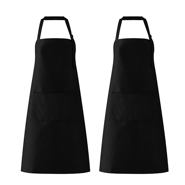 (Svart polyester) 2-pack köksförkläde med 2 fickor Justerbara hemlagningsförkläden för kvinnor män kock