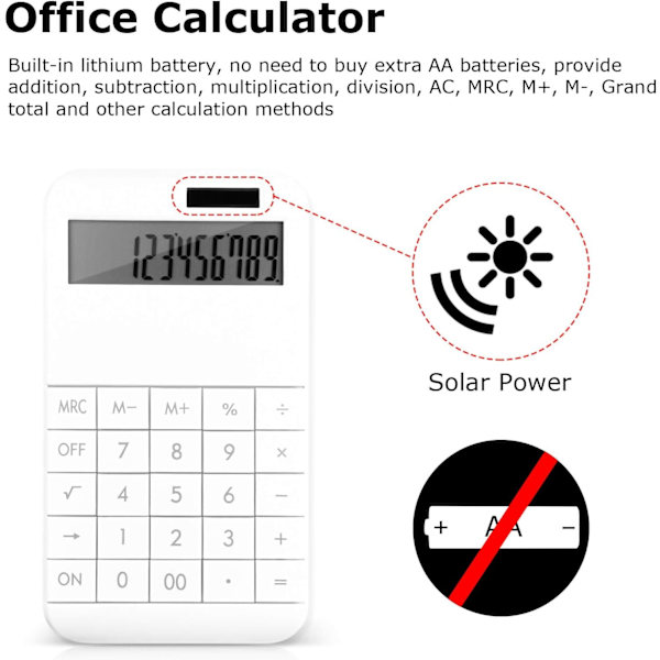 Standard Funksjons-Skrivebords Kalkulator, 12 Siffer LCD Stor Skjerm og Store Knapper, Batteri/Solenergi - Hvit