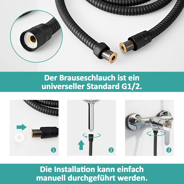 Duschsslang svart 1,5 m lång, rostfritt stål, flexibel duschslang, med dubbelt anti-twist-skydd, med halkfri O-ring