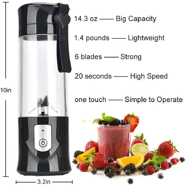 (Sort) Blender, Bærbar Frugtblender, Mini USB Blender til Smoothie, Milkshake, Frugtjuice, Bærbar Blender 350-420 ML 6 Blade til Sport og Rejser